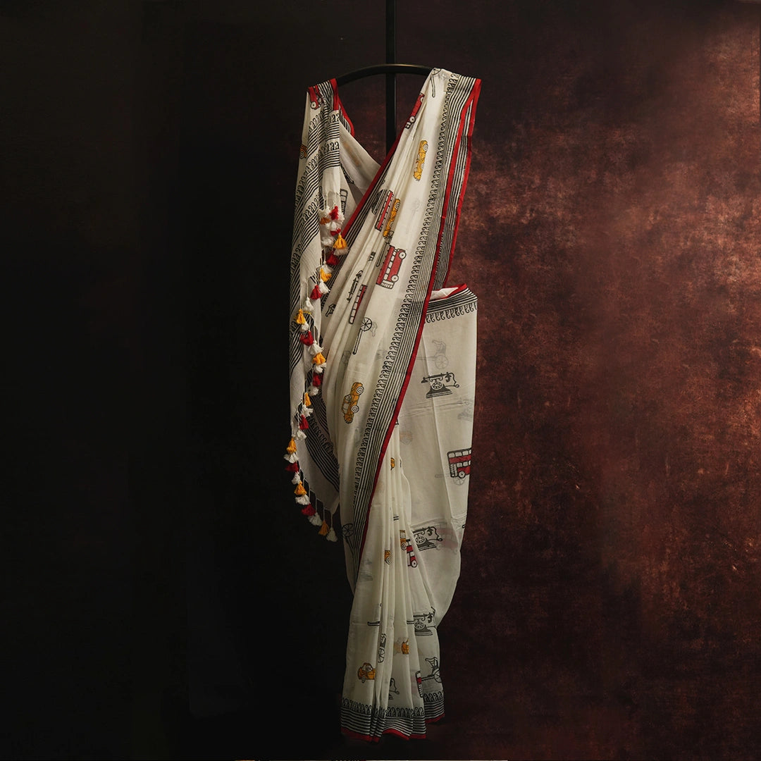 Vintage Transport Print Cotton Saree Displayed – Cocktail Modern Traditional Wedding Guest Statement Saree – Kottanz Loom Co