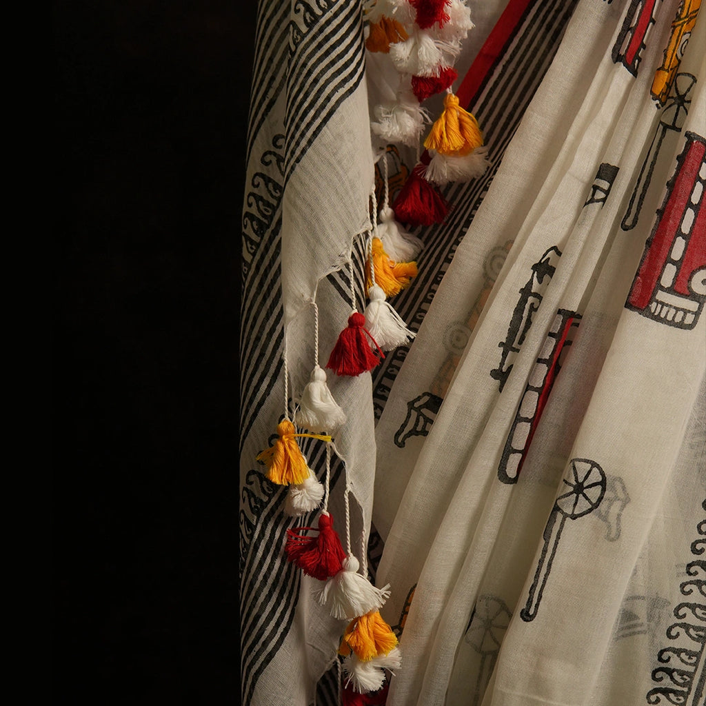 Vintage Transport Print Cotton Saree Colourful Tassel Pallu – Bold Statement Festive Cotton Saree – Kottanz Loom Co