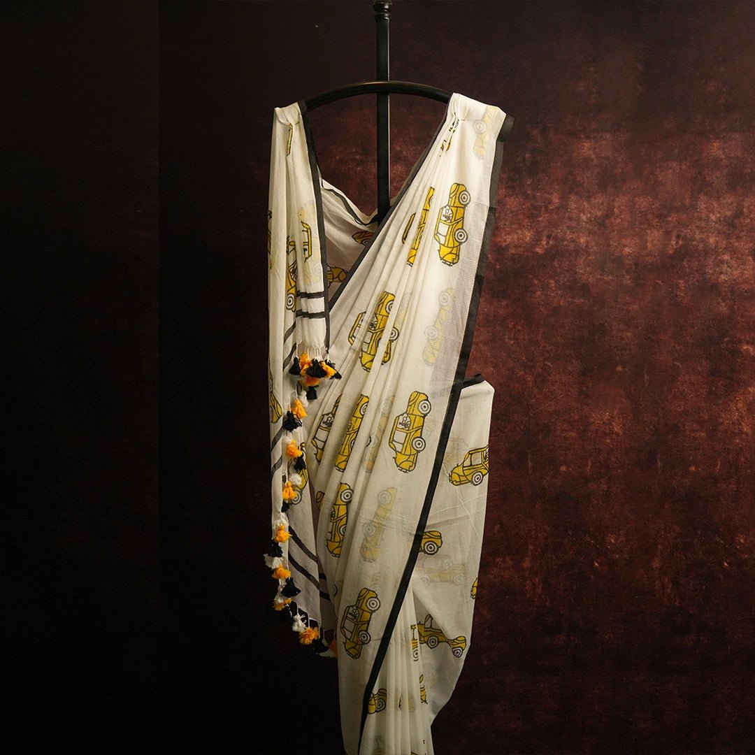 Vintage Transport Yellow Print Cotton Saree | Quirky Handcrafted Saree - Kottanz Loom CoSareeKottanz Loom Co