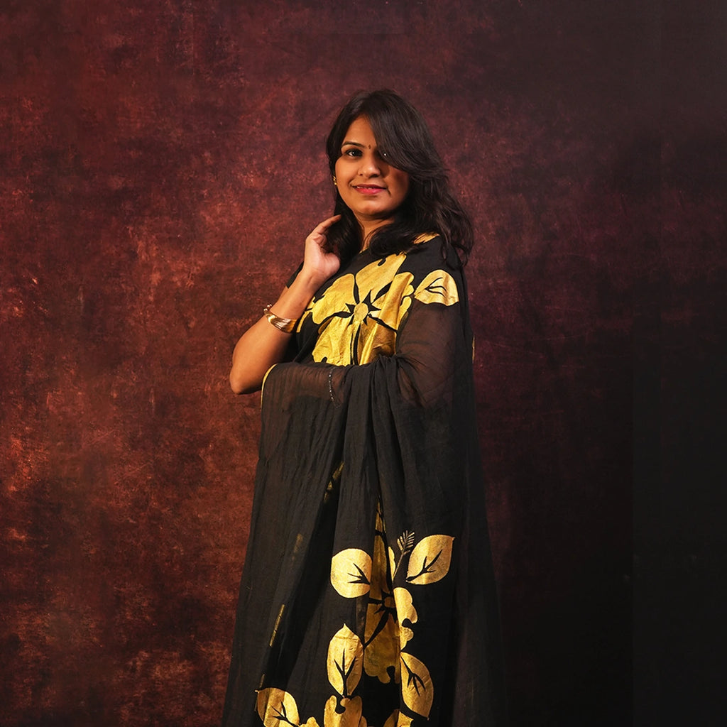 Black Golden Floral Saree | Designer Hand-Painted Botanical Saree