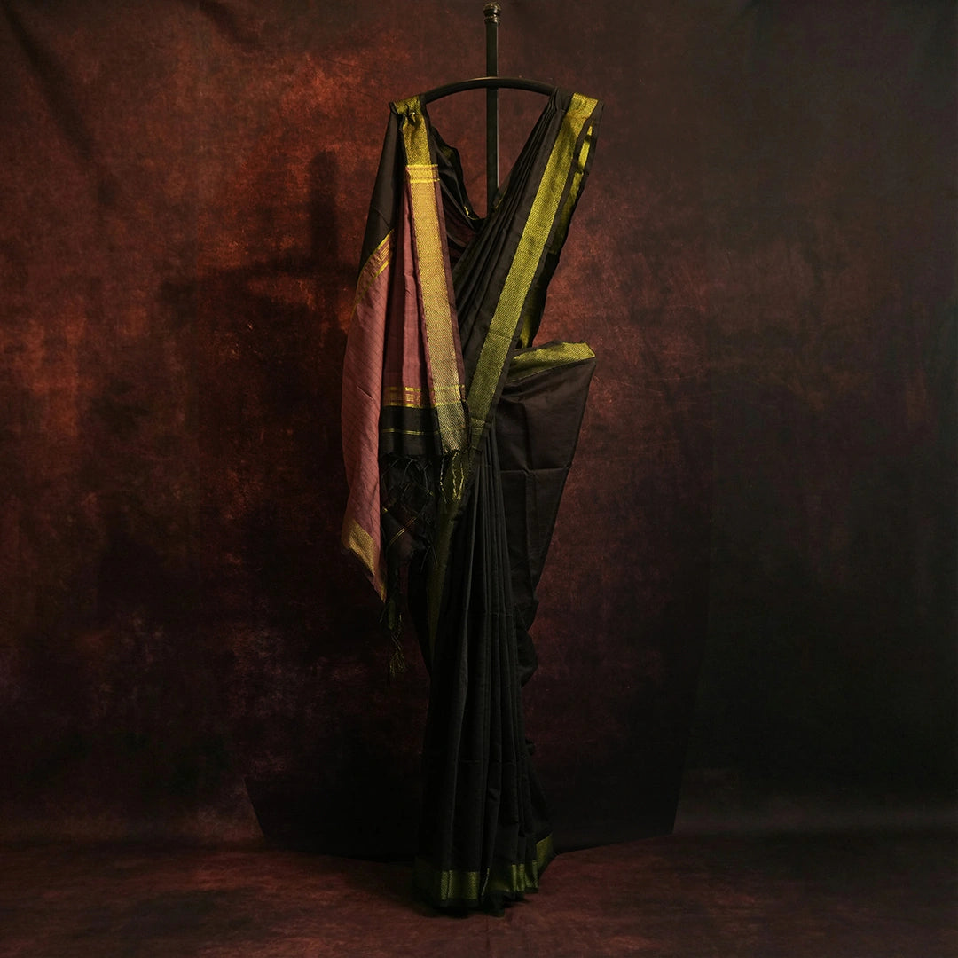 Black Mul Cotton Jacquard Saree | Elegant Handwoven Drape