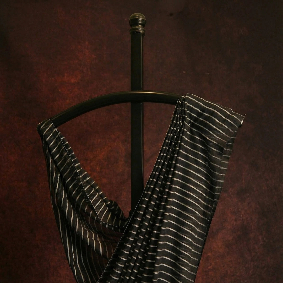 Black Striped Mul Cotton Saree | Handwoven Elegant Indian Saree
