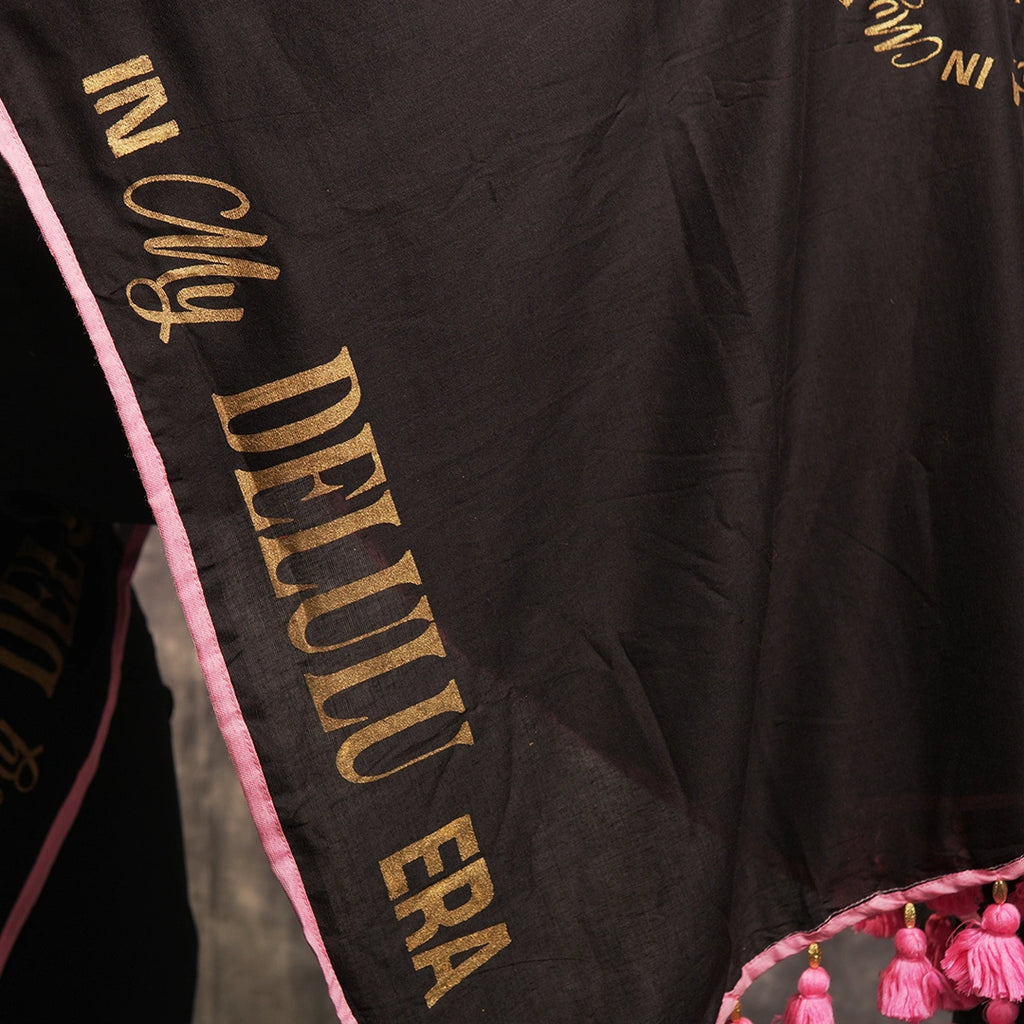 Delulu Era Saree | Black Designer Statement Saree with Border