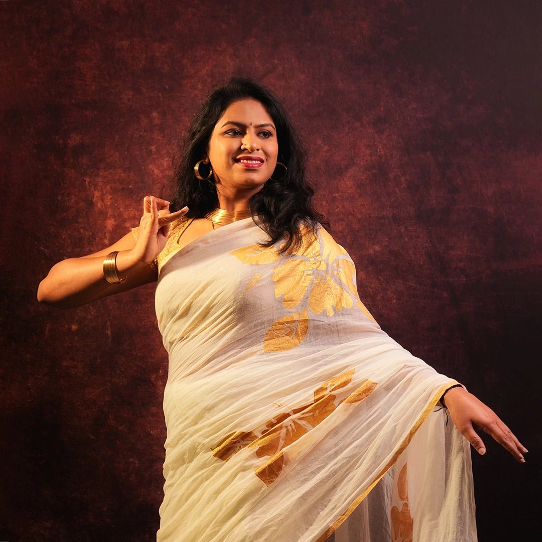 White Bloom and Bold Saree | Designer Floral Organza Saree with Gold - Kottanz Loom CoSareeKottanz Loom Co