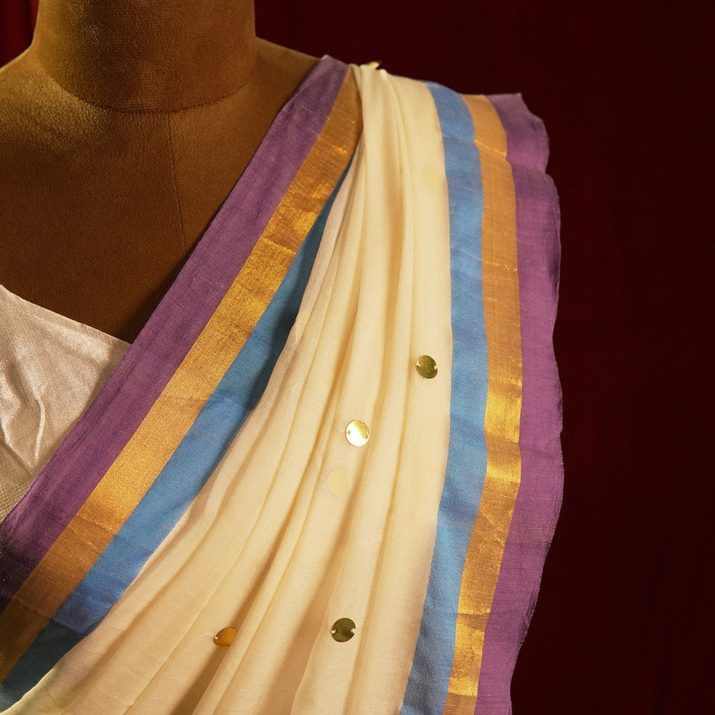 White Multistripe Chumki Saree – Handwoven Mul Cotton Indian Festive Saree - Kottanz Loom CoSareeKottanz Loom Co