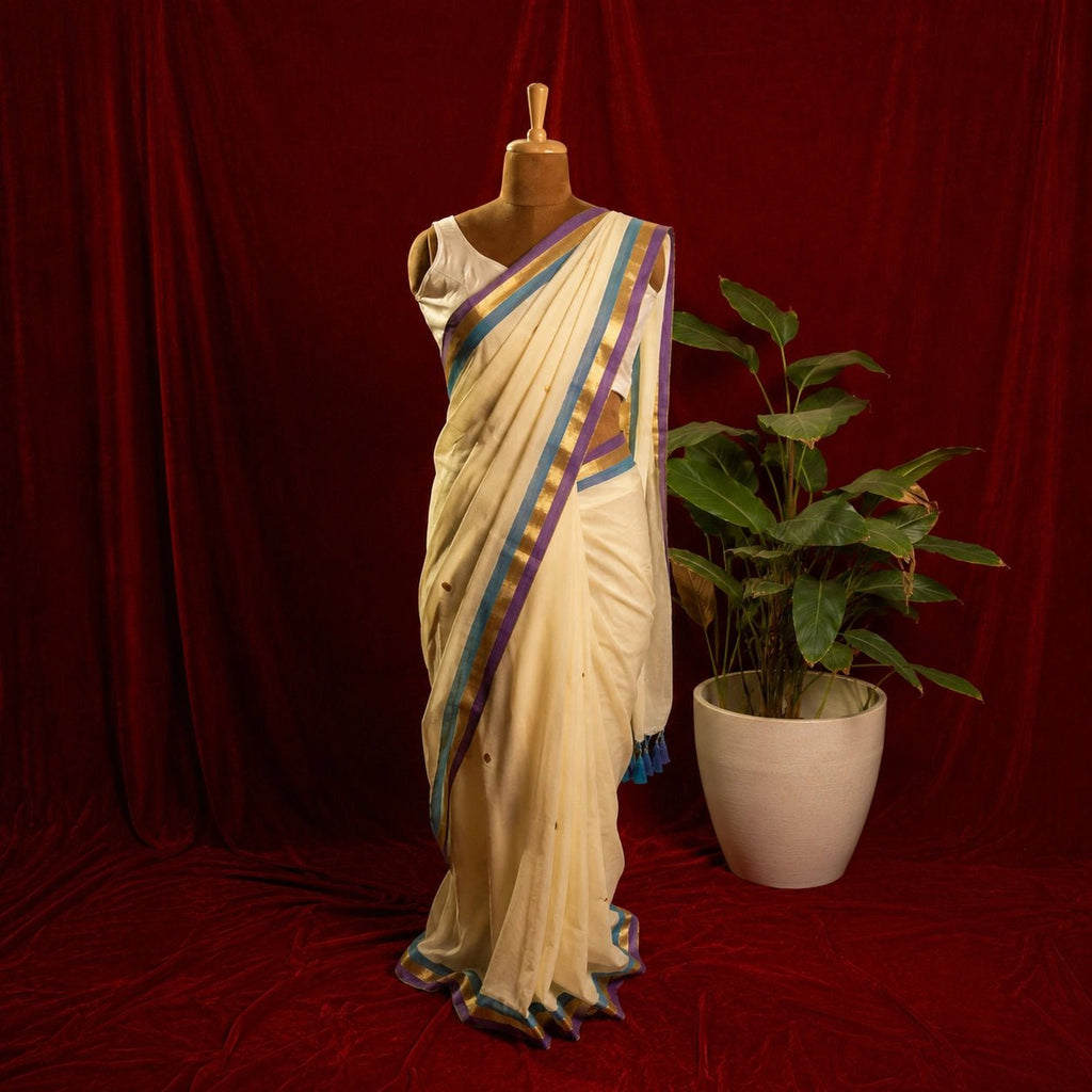 White Multistripe Chumki Saree – Handwoven Mul Cotton Indian Festive Saree - Kottanz Loom CoSareeKottanz Loom Co