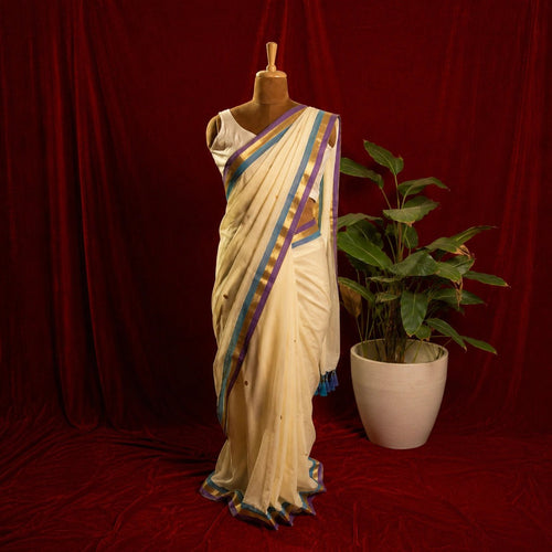 White Multistripe Chumki Saree – Handwoven Mul Cotton Indian Festive Saree - Kottanz Loom CoSareeKottanz Loom Co