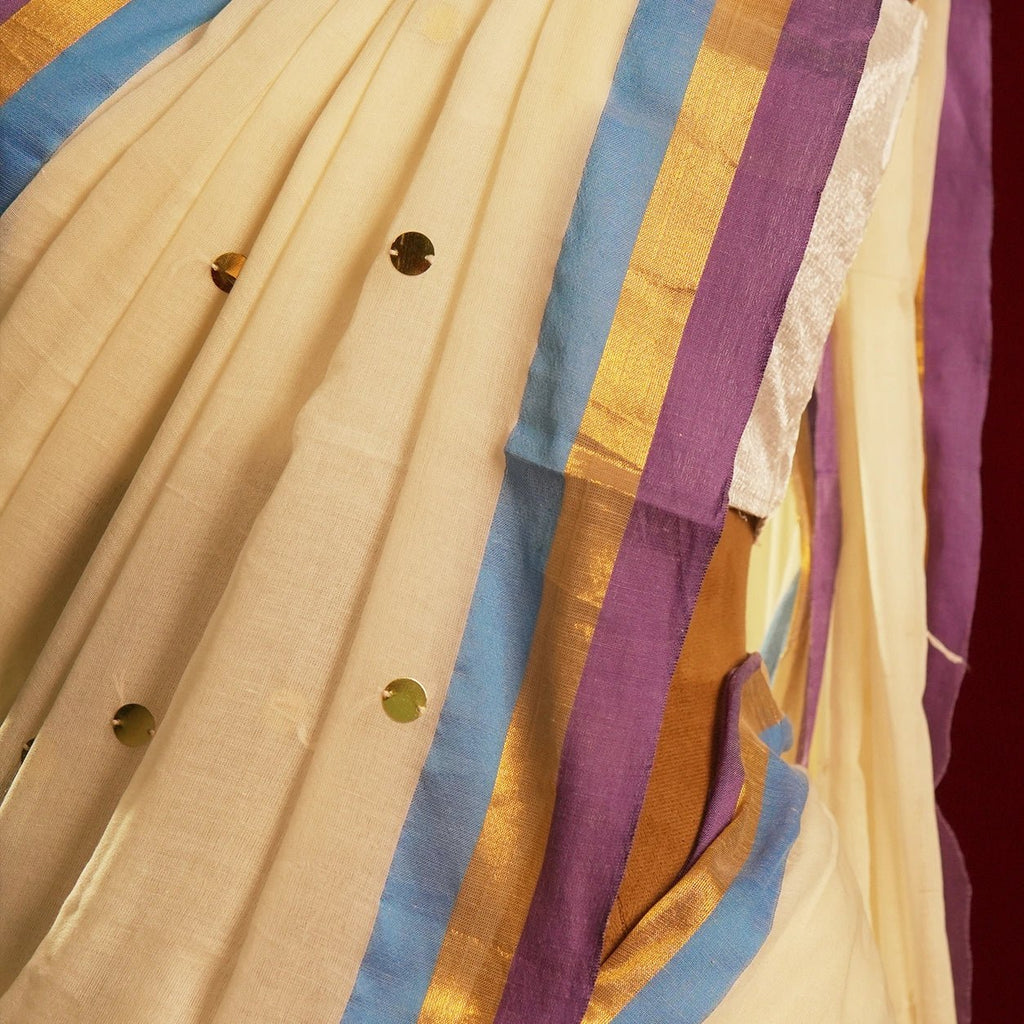 White Multistripe Chumki Saree – Handwoven Mul Cotton Indian Festive Saree - Kottanz Loom CoSareeKottanz Loom Co