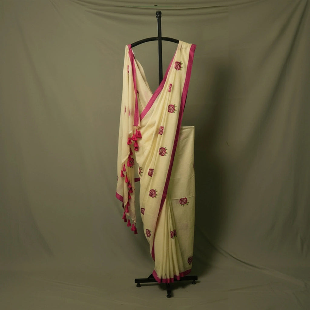 White Rose Embroidery Saree on Stand – Wedding Guest Modern Traditional Statement Festive Saree – Kottanz Loom Co