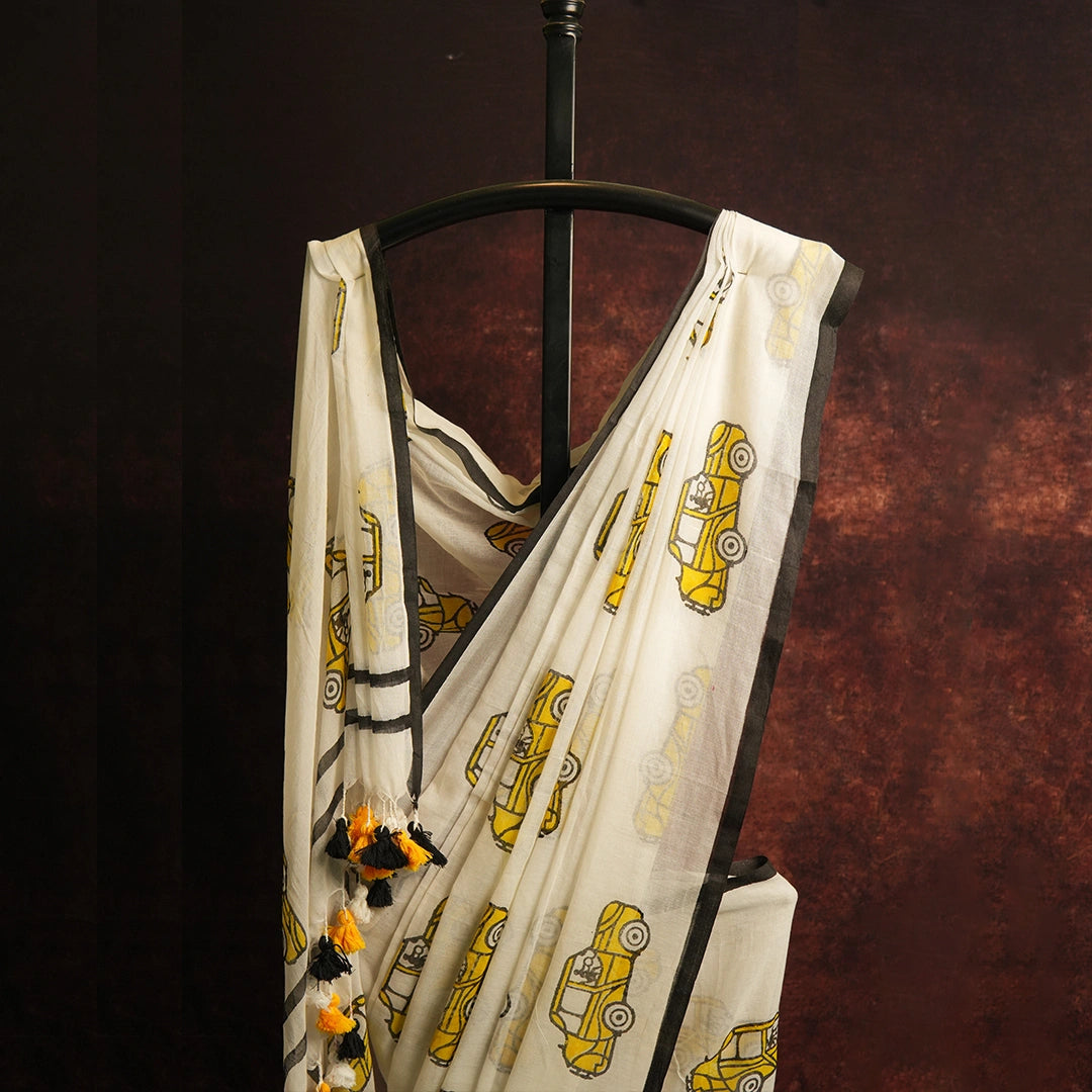 Vintage Transport Yellow Print Cotton Saree | Quirky Handcrafted Saree