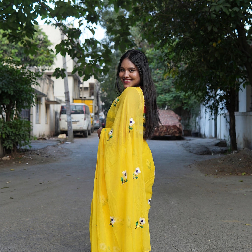 Yellow Flower Embroidery Saree – Festive Designer Party Wear