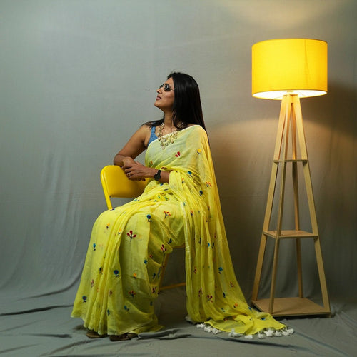 Yellow Embroidery Saree – Festive Light Elegant Designer Wear - Kottanz Loom CoSareeKottanzloom