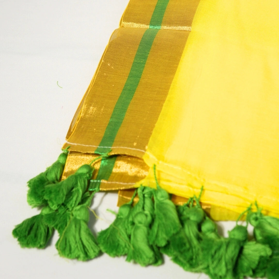 Yellow Mulmul Cotton Saree with Green Tassel – Wedding Guest Modern Traditional Statement Festive Saree – Kottanz Loom Co